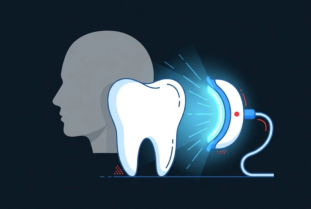 Flat illustration of a white tooth next to a glowing blue LED whitening mouthpiece, with a grey head silhouette in profile behind it