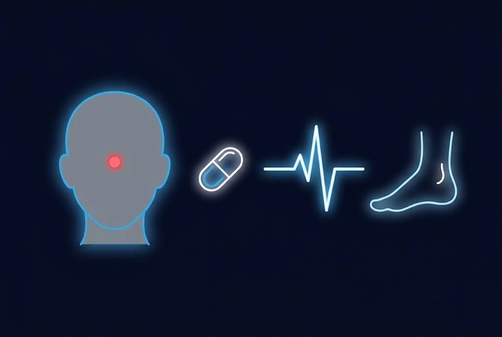 Flat illustration of a grey head silhouette beside a pill, a heartbeat line and a foot outline on a dark navy background