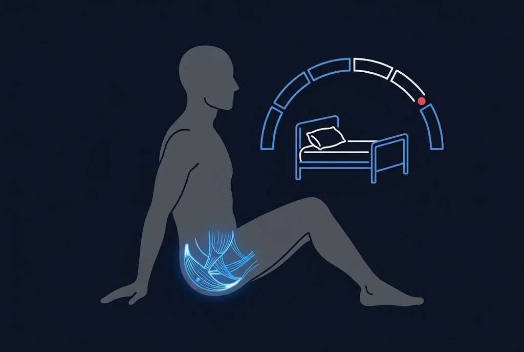 Flat vector illustration of a grey seated male silhouette with pelvic floor muscles highlighted in glowing blue, beside a hospital bed outline and a progress arc on a dark navy background