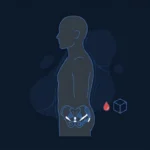 Flat vector illustration of a faceless grey male silhouette in profile with the pelvic floor muscles outlined in blue, beside a small red blood drop and a blue sugar-cube outline on a dark navy background