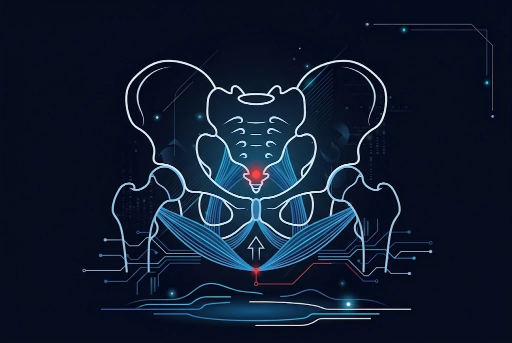 Flat illustration of a pelvis bone outline with the pelvic floor muscles drawn in blue beneath it and a small upward arrow, on a dark navy background