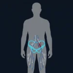 Flat vector illustration of a grey male silhouette with the pelvic floor outlined in glowing blue and blood vessels drawn in blue and white lines, one vein highlighted in red