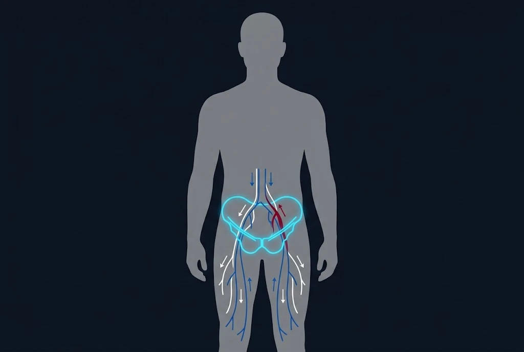 Flat vector illustration of a grey male silhouette with the pelvic floor outlined in glowing blue and blood vessels drawn in blue and white lines, one vein highlighted in red