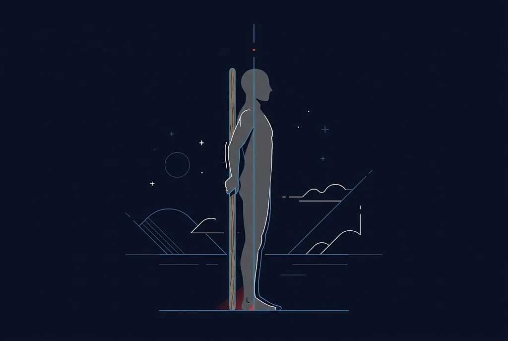 Flat illustration of a grey faceless figure standing tall with a long straight stick held vertically along their back and a blue alignment line, on a dark navy background