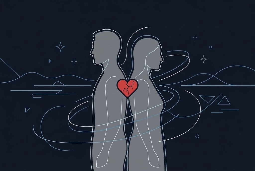 Signs of infidelity illustration: two faceless silhouettes standing back to back with a red cracked heart between them, representing red flags of cheating in a relationship