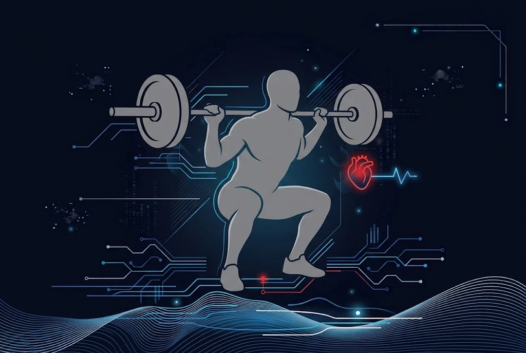 Flat illustration of a grey male silhouette doing a barbell squat with a small red heart nearby, on a dark navy background