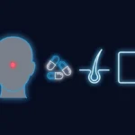 Flat illustration of a grey head silhouette with supplement capsules, a hair follicle and a blank element tile on a dark navy background