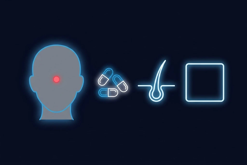 Flat illustration of a grey head silhouette with supplement capsules, a hair follicle and a blank element tile on a dark navy background